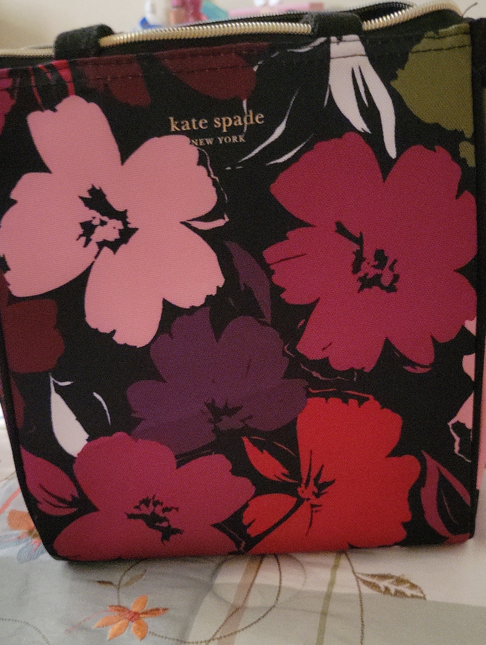 kate spade Black Floral Tote with Pink, Red and Purple Blooms
